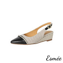 將圖片載入圖庫檢視器 Beige-Tweed-Fabrics-Sandals-with-Black-Toe-Cap-and-Chain-Design-product-shots-white-background
