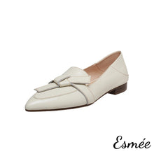 Load image into Gallery viewer, Beige-leather-pointed-toe-loafers-with-artful-knots-product-shots-white-background
