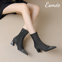 Load image into Gallery viewer, Black-Denim-Ankle-High-Heel-Boots-with_Rhinestone-Toe-Cap-model-shots
