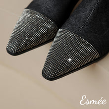 Load image into Gallery viewer, Black-Denim-Ankle-High-Heel-Boots-with_Rhinestone-Toe-Cap-product-shots-detail
