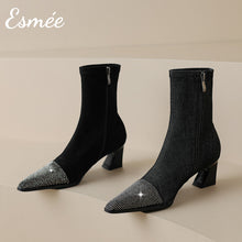 Load image into Gallery viewer, Black-Denim-Ankle-High-Heel-Boots-with_Rhinestone-Toe-Cap-product-shots
