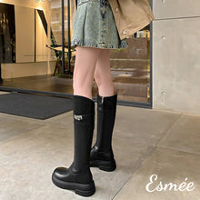 Load image into Gallery viewer, Black-Dual-Color-Leather-Long-Boots-with-Metal-Buckle-Design-model-shots
