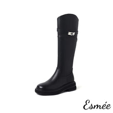 Load image into Gallery viewer, Black-Dual-Color-Leather-Long-Boots-with-Metal-Buckle-Design-product-shots-white-backgrouind
