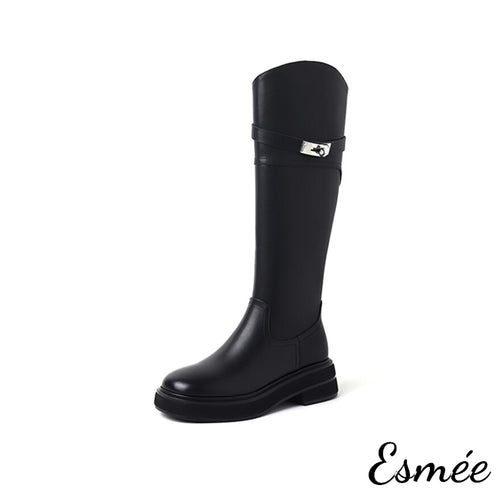 Black-Dual-Color-Leather-Long-Boots-with-Metal-Buckle-Design-product-shots-white-backgrouind