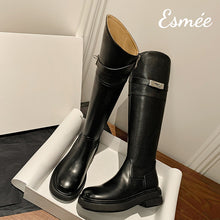 Load image into Gallery viewer, Black-Dual-Color-Leather-Long-Boots-with-Metal-Buckle-Design-product-shots
