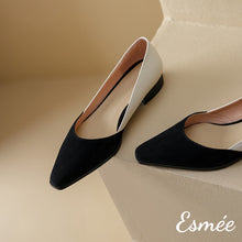 Load image into Gallery viewer, Black-Dual-Color-Leather-Low-Heels-with-D_Orsay-Design-product-shots
