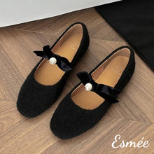 Load image into Gallery viewer, Black-Fabrics-Maryjanes-with-Bow-Knot-and-Pearl-Design-product-shots
