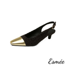 Load image into Gallery viewer, Black-Frabrics-High-Heel-Slingback-with-Golden-Toe-Cap-product-shots-white-background
