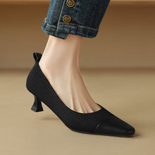 Load image into Gallery viewer, Black-Frabrics-High-Heels-with-Leather-Toe-Cap-model-shots
