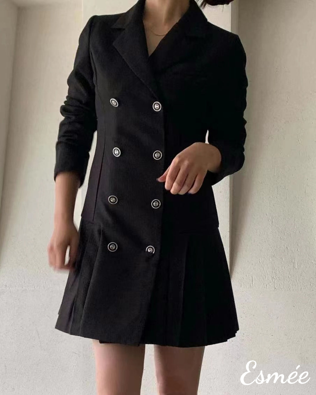 Black-Korean-Cotton-Blazer-Dress-with-Pleaded-Design-model-shots-1