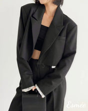 Load image into Gallery viewer, Black-Korean-Cotton-Cropped-Blazer-with-Contrast-Layering-model-shots-1
