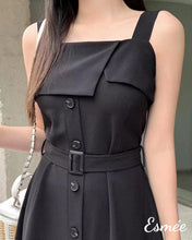 Load image into Gallery viewer, Black-Korean-Cotton-Midi-Dress-with-Belt-and-Layered-Detail-model-shots-1
