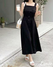 Load image into Gallery viewer, Black-Korean-Cotton-Midi-Dress-with-Belt-and-Layered-Detail-model-shots
