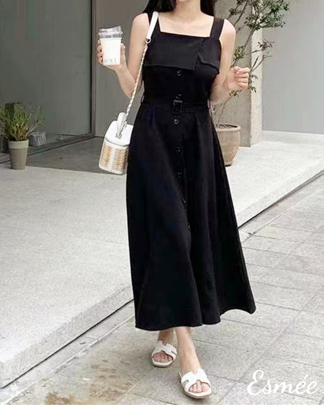 Korean Cotton Midi Dress with Belt and Layered Detail  Esme.Hong Kong