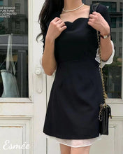 將圖片載入圖庫檢視器 Black-Korean-Cotton-One-Piece-with-Chiffon-Layering-Detail-model-shots
