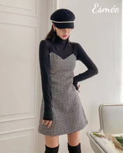 Load image into Gallery viewer, Black-Korean-Cotton-One-Piece-with-Dogstooth-Design-model-shots-2
