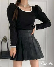 Load image into Gallery viewer, Black-Korean-Cotton-Top-with-Puffed-Sleeves-and-Contrast-Border-Collar-Design-model-shots-1
