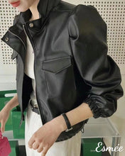 Load image into Gallery viewer, Black-Korean-Synthetic-Leather-Jacket-with-Puffed-Sleeves-model-shots-2
