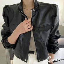 Load image into Gallery viewer, Black-Korean-Synthetic-Leather-Jacket-with-Puffed-Sleeves-model-shots
