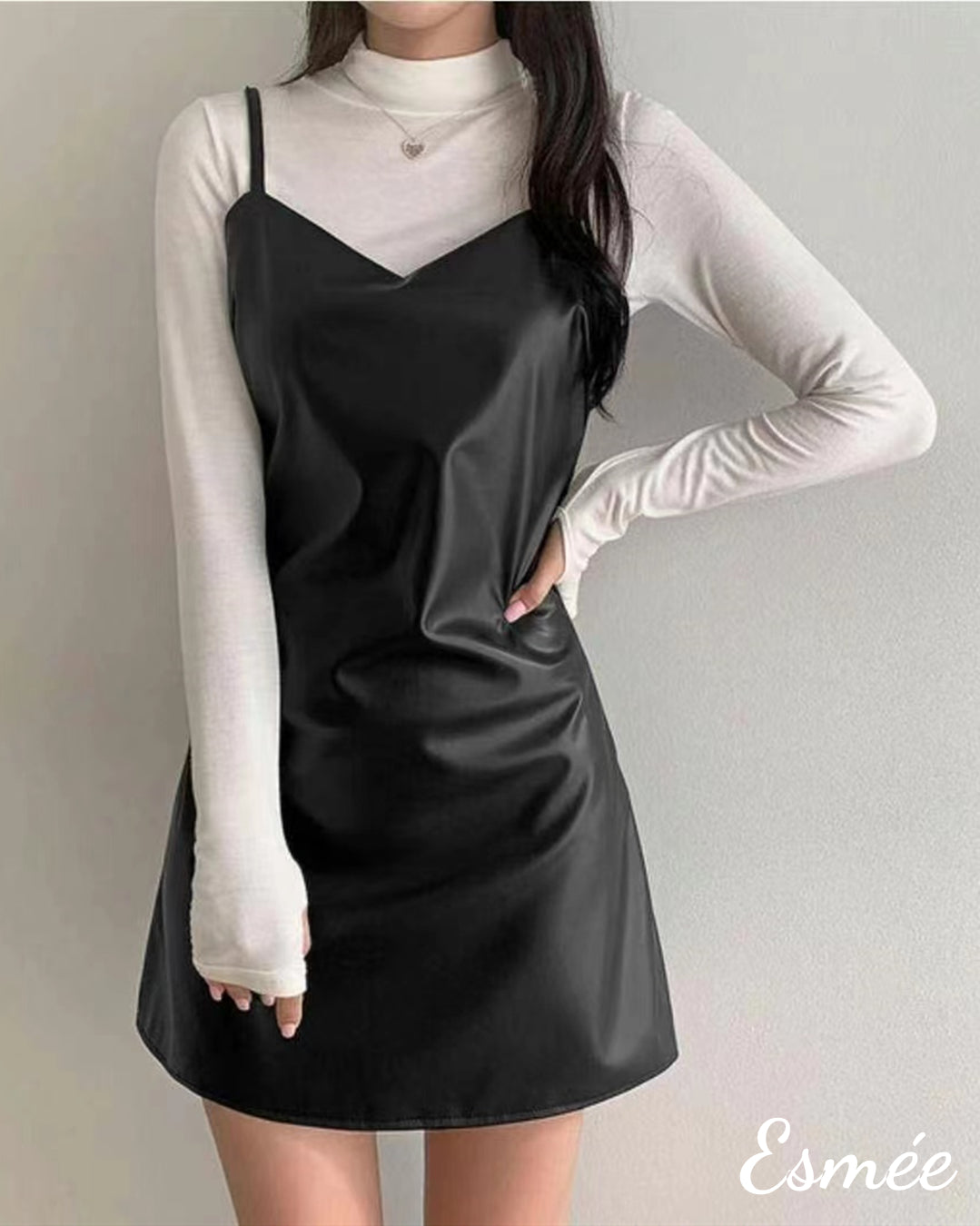 Korean Synthetic Leather One Piece Dress Esme.Hong Kong Korean Synthetic Leather One Piece Dress Esme.Hong Kong