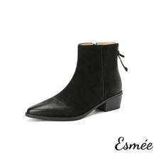 將圖片載入圖庫檢視器 Black-Lambskin-Leather-Ankle-Boots-with-Rear-Zippers-and-Bow-Knot-Design-product-shots-white-background
