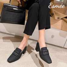 Load image into Gallery viewer, Black-Lambskin-Leather-High-Heel-Loafers-with-Leather-Ornaments-model-shots
