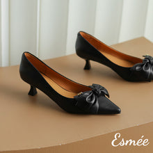 Load image into Gallery viewer, Black-Lambskin-Leather-High-Heels-with-Bow-Knot-Design-product-shots
