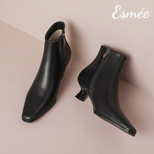 Load image into Gallery viewer, Black-Leather-Ankle-Boots-with-4.5-cm-Kitten_Heels-product-shots
