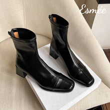 Load image into Gallery viewer, Black-Leather-Ankle-Boots-with-5.5cm-Block-Heels-product-shots
