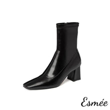 Load image into Gallery viewer, Black-Leather-Ankle-Boots-with-7cm-Block-Heels-product-shots-white-background
