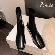 Load image into Gallery viewer, Black-Leather-Ankle-Boots-with-Block-Heels-product-shots
