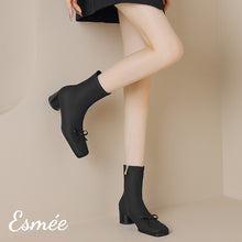 Load image into Gallery viewer, Black-Leather-Ankle-Boots-with-Bow-Knot-Design-model-shots
