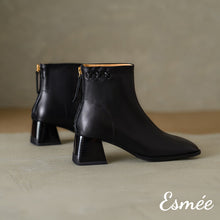 Load image into Gallery viewer, Black-Leather-Ankle-Boots-with-Cross-Design-product-shots
