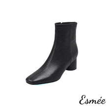 Load image into Gallery viewer, Black-Leather-Ankle-Boots-with-Cylinder-Heels-product-shots-white-background
