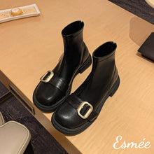 Load image into Gallery viewer, Black-Leather-Ankle-Boots-with-Metal-Buckle-Design-product-shots
