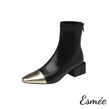 Load image into Gallery viewer, Black-Leather-Ankle-Boots-with-Metallic-Toe-Cap-product-shots-white-background
