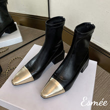 Load image into Gallery viewer, Black-Leather-Ankle-Boots-with-Metallic-Toe-Cap-product-shots
