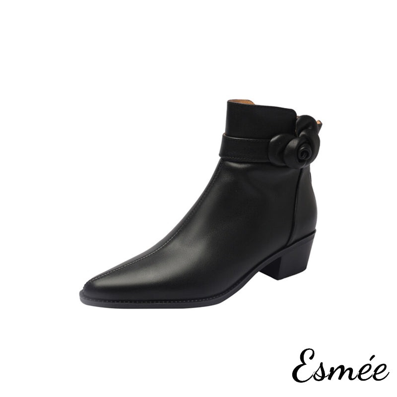 Black-Leather-Ankle-Boots-with-Pointed-Toe-and-Rosebud-Design-product-shots-white-background