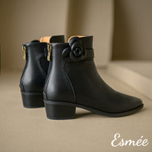 Load image into Gallery viewer, Black-Leather-Ankle-Boots-with-Pointed-Toe-and-Rosebud-Design-product-shots
