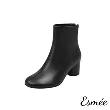 Load image into Gallery viewer, Black-Leather-Ankle-Boots-with-Round-Toe-and-Cylinder-Heels-product-shots-white-background
