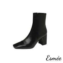 Load image into Gallery viewer, Black-Leather-Ankle-Boots-with-Squared-Toe-and-Block-Heels-product-shots-white-background
