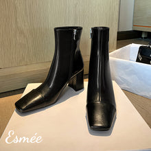 Load image into Gallery viewer, Black-Leather-Ankle-Boots-with-Squared-Toe-and-Block-Heels-product-shots
