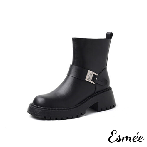 Black-Leather-Ankle-Boots-with-Thickened-Outsole-and-Metal-Buckle-Design-product-shots-white-background