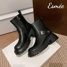 Load image into Gallery viewer, Black-Leather-Ankle-Boots-with-Thickened-Outsole-and-Metal-Buckle-Design-product-shots
