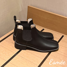 Load image into Gallery viewer, Black-Leather-Ankle-Chelsea-Boots-with-Square-Toe-Design-product-shots
