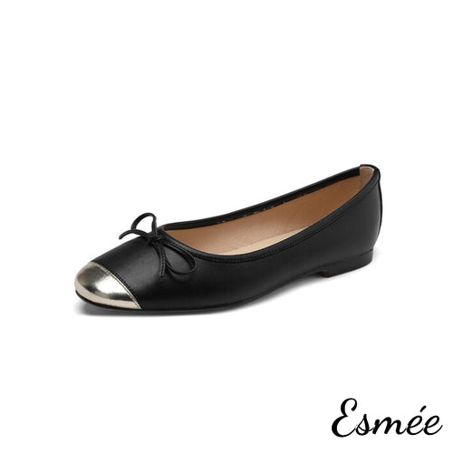 Black-Leather-Ballet-Flats-with-Bow-Knot-and-Metallic-Toe-Cap-product-shots-white-background