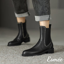 Load image into Gallery viewer, Black-Leather-Chelsea-Boots-with-Alligator-Pattern-and-Rivet-Design-model-shots
