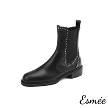 Load image into Gallery viewer, Black-Leather-Chelsea-Boots-with-Alligator-Pattern-and-Rivet-Design-product-shots-white-background
