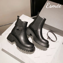 Load image into Gallery viewer, Black-Leather-Chelsea-Boots-with-Metal-Lock-Design-product-shots
