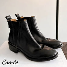 Load image into Gallery viewer, Black-Leather-Chelsea-Boots-with-V-Shaped-Ribbon-Design-product-shots
